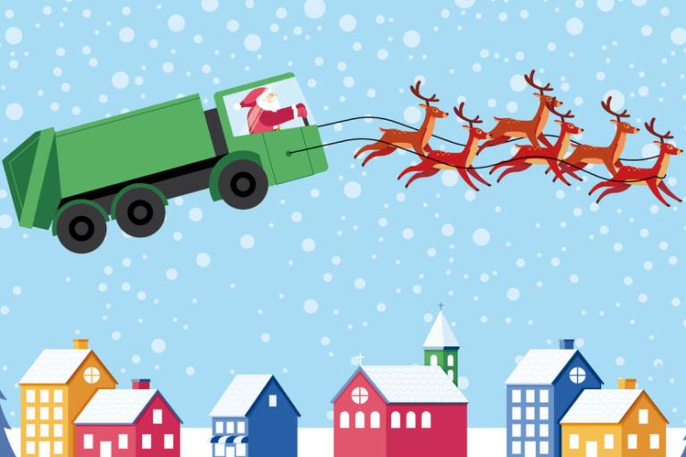Santa driving bin truck over houses