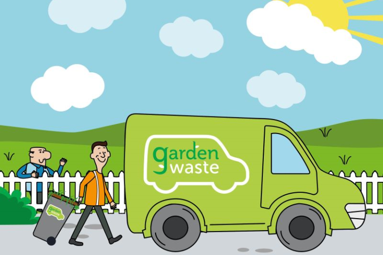 image of cartoon garden waste van and man pulling a bin towards it. decorative.