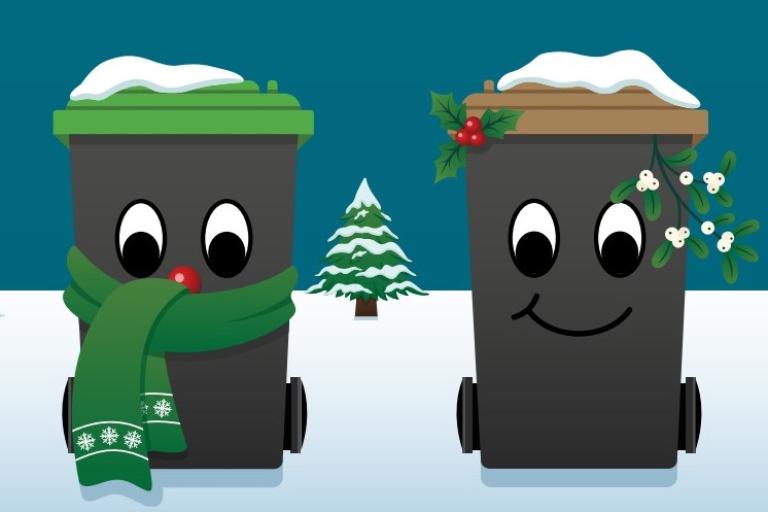 Cartoon drawings of waste and recycling bins