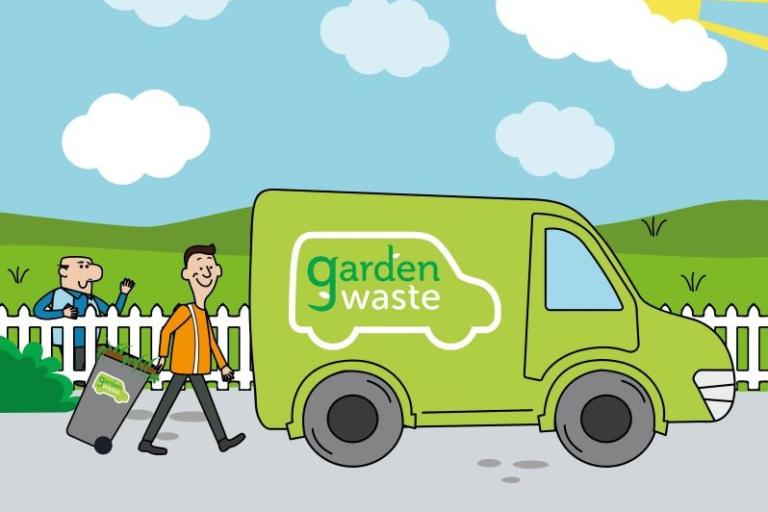 Graphic of green garden waste van and bin man wheeling a garden waste bin