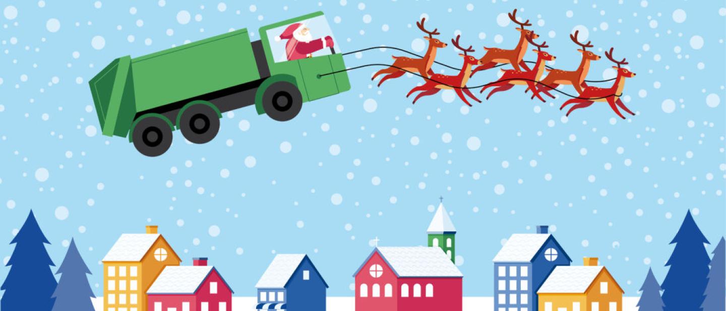 Santa driving bin truck over houses