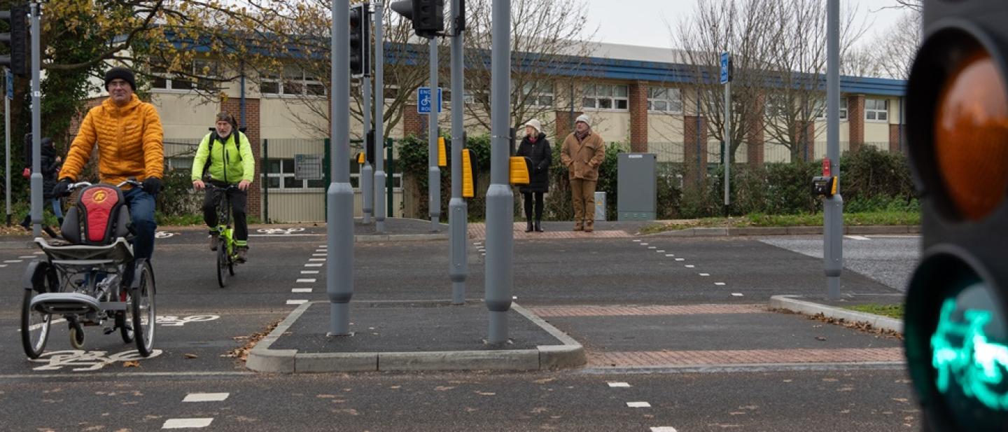 People crossing the road at Elmleigh Road SPARROW crossing.