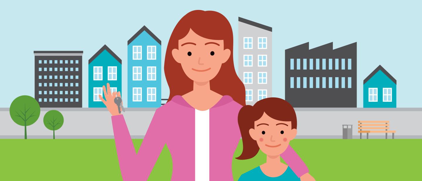 mother and daughter holding keys to house