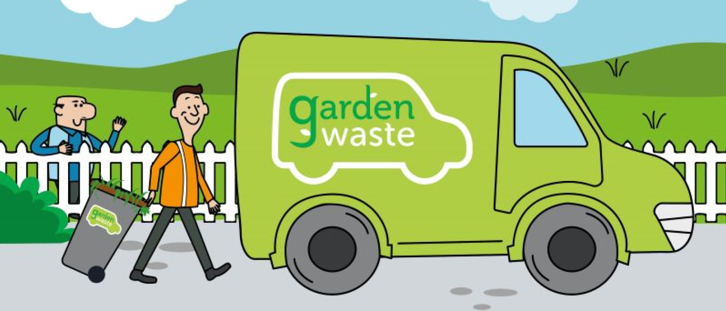 image of cartoon garden waste van and man pulling a bin towards it. decorative.