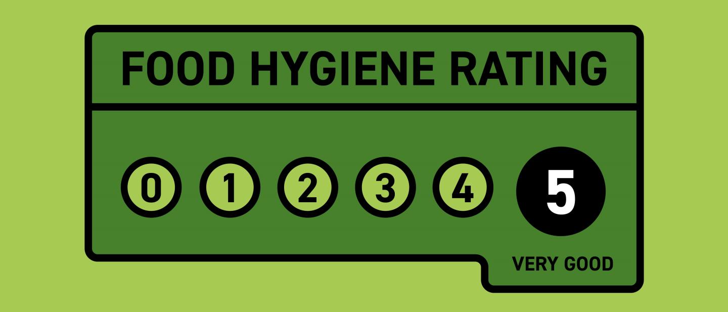 Graphic of a dark green food hygiene rating sticker showing a 5 rating (meaning very good), on a light green background
