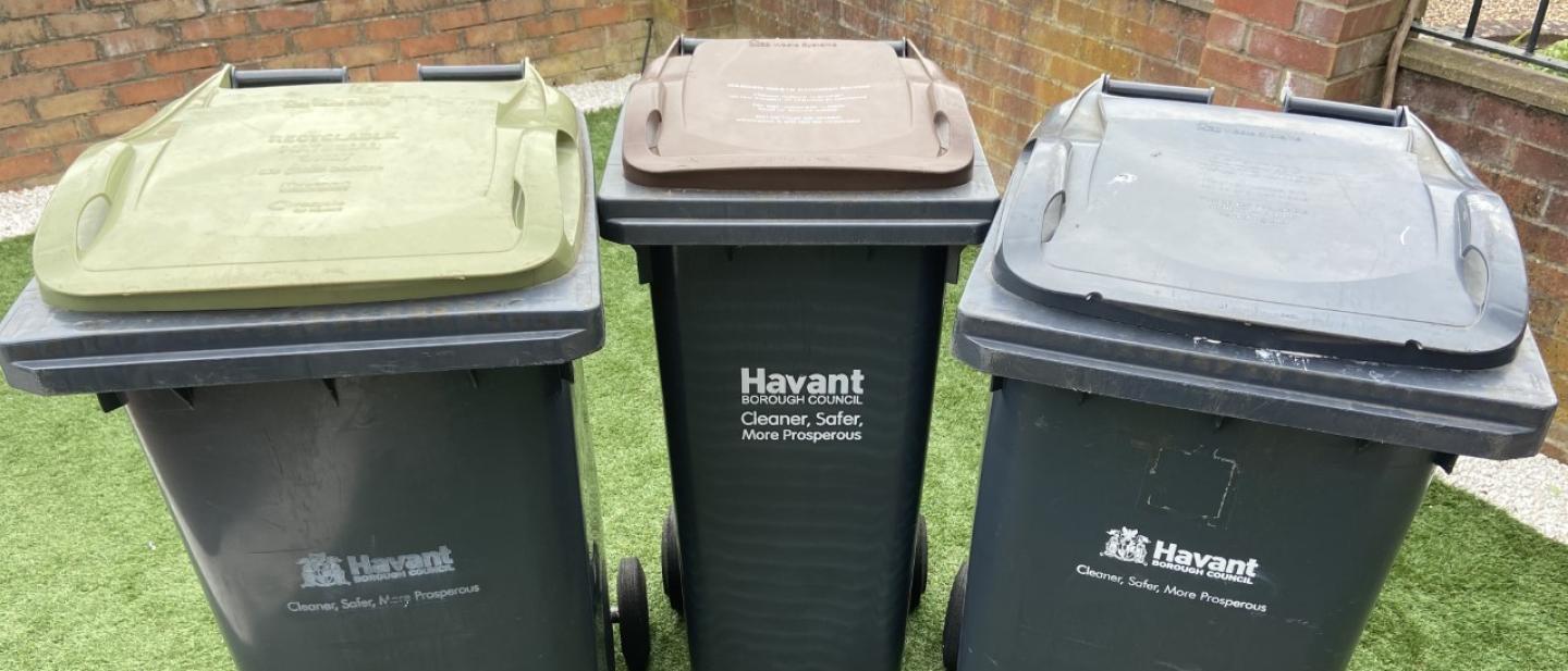 Photograph of three wheeled household bins - each has a different lid colour; green, brown and black.