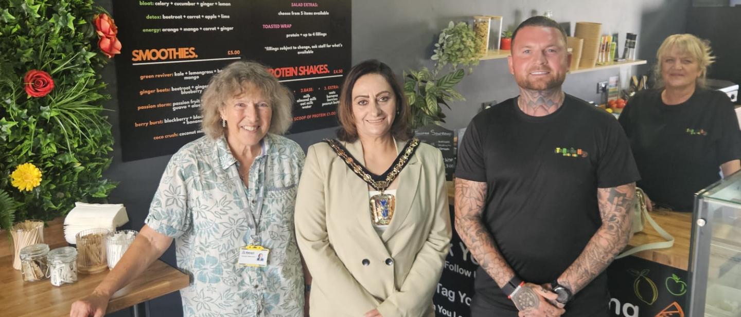 From left to right, Councillor Gillian Harris, The Mayor of Havant, and the owners of The Recovery Hub