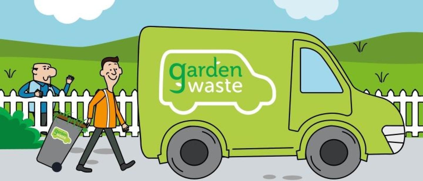 Graphic of green garden waste van and bin man wheeling a garden waste bin